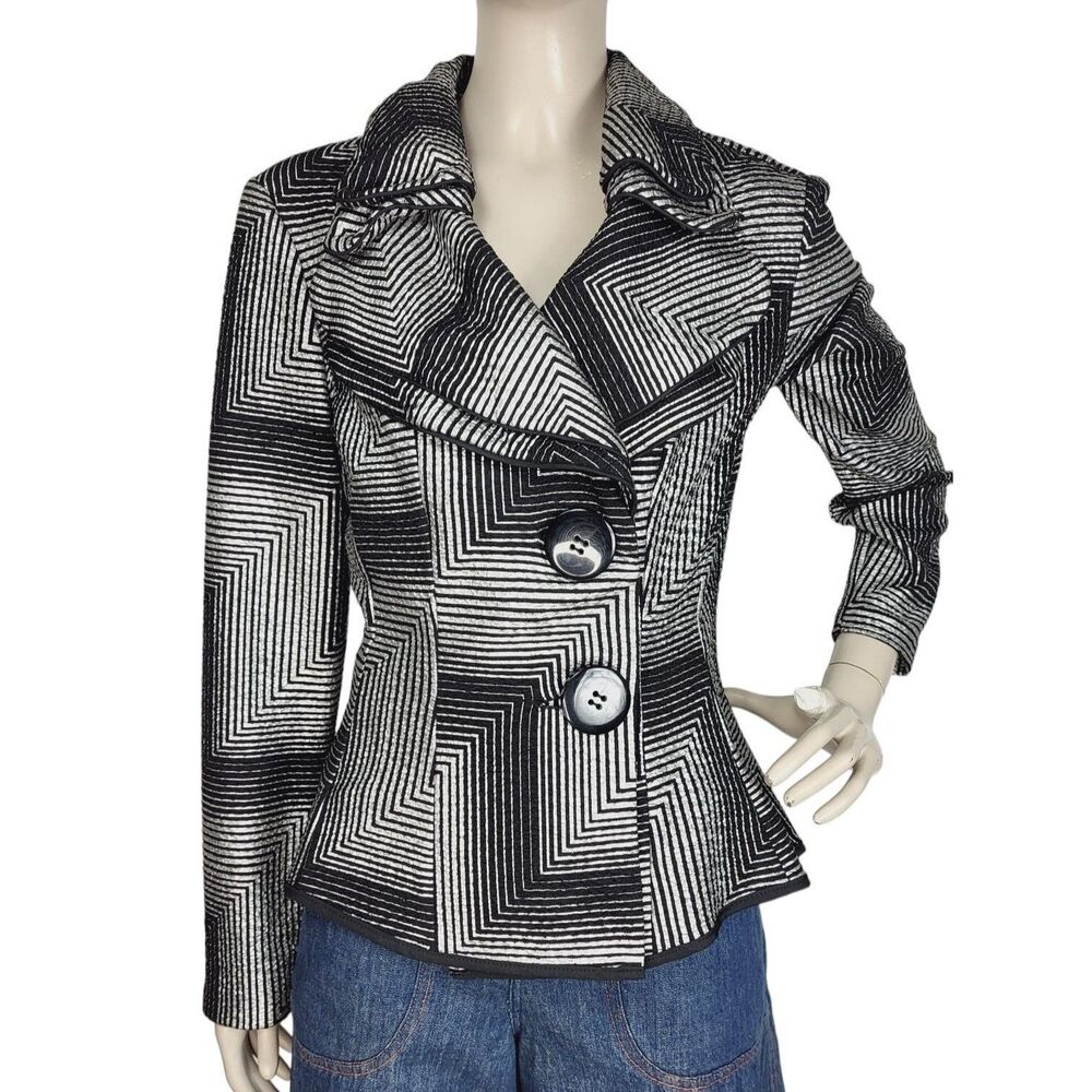 Joseph Ribkoff Chevron Print Black & Silver Tiered High Collar Peplum Jacket